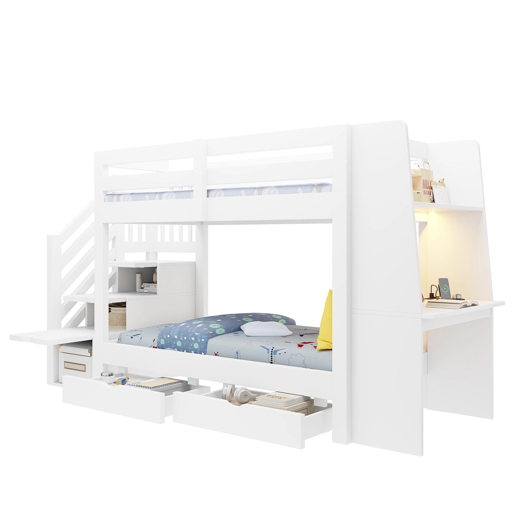Letto a soppalco 90x200 cm con scrivania; libreria; LED e cassetti; bianco