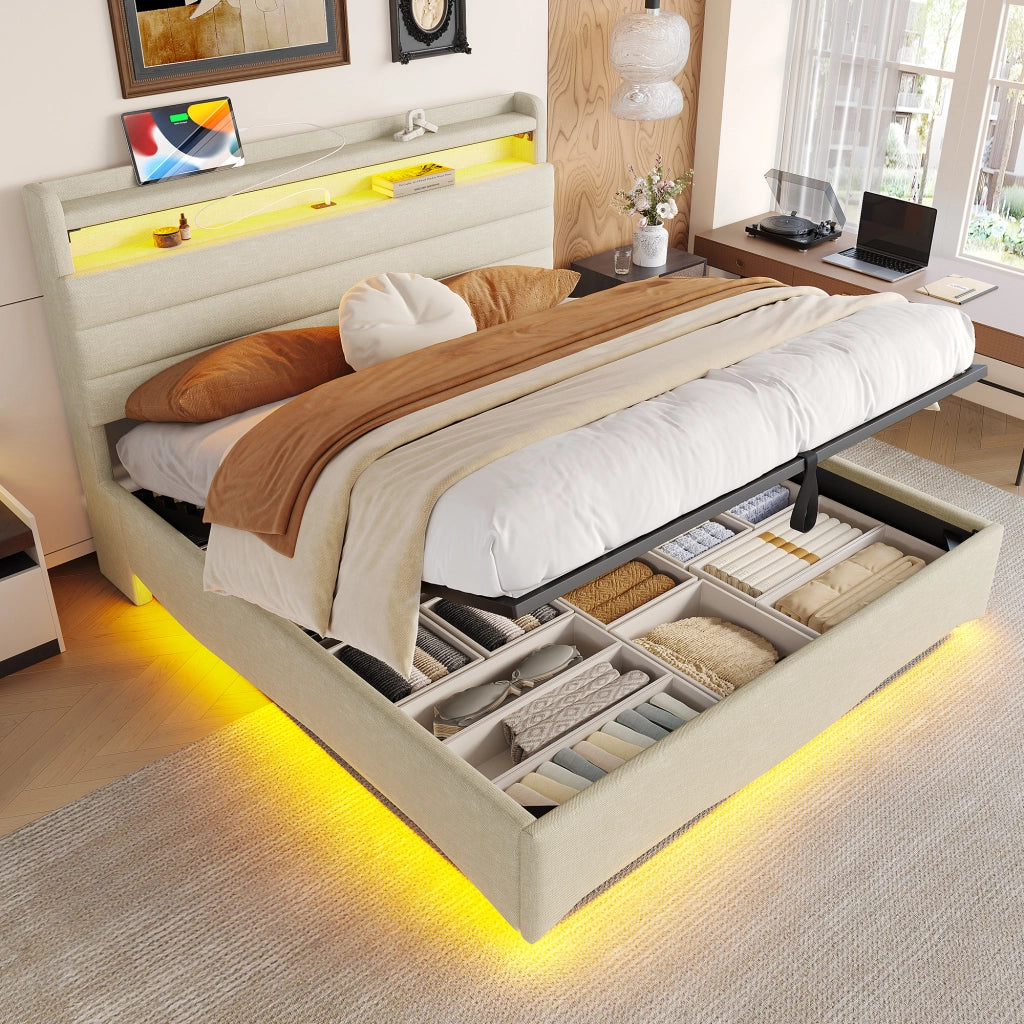 Letti contenitori 140x200 cm con LED e vano contenitore; lino beige (Senza materasso)