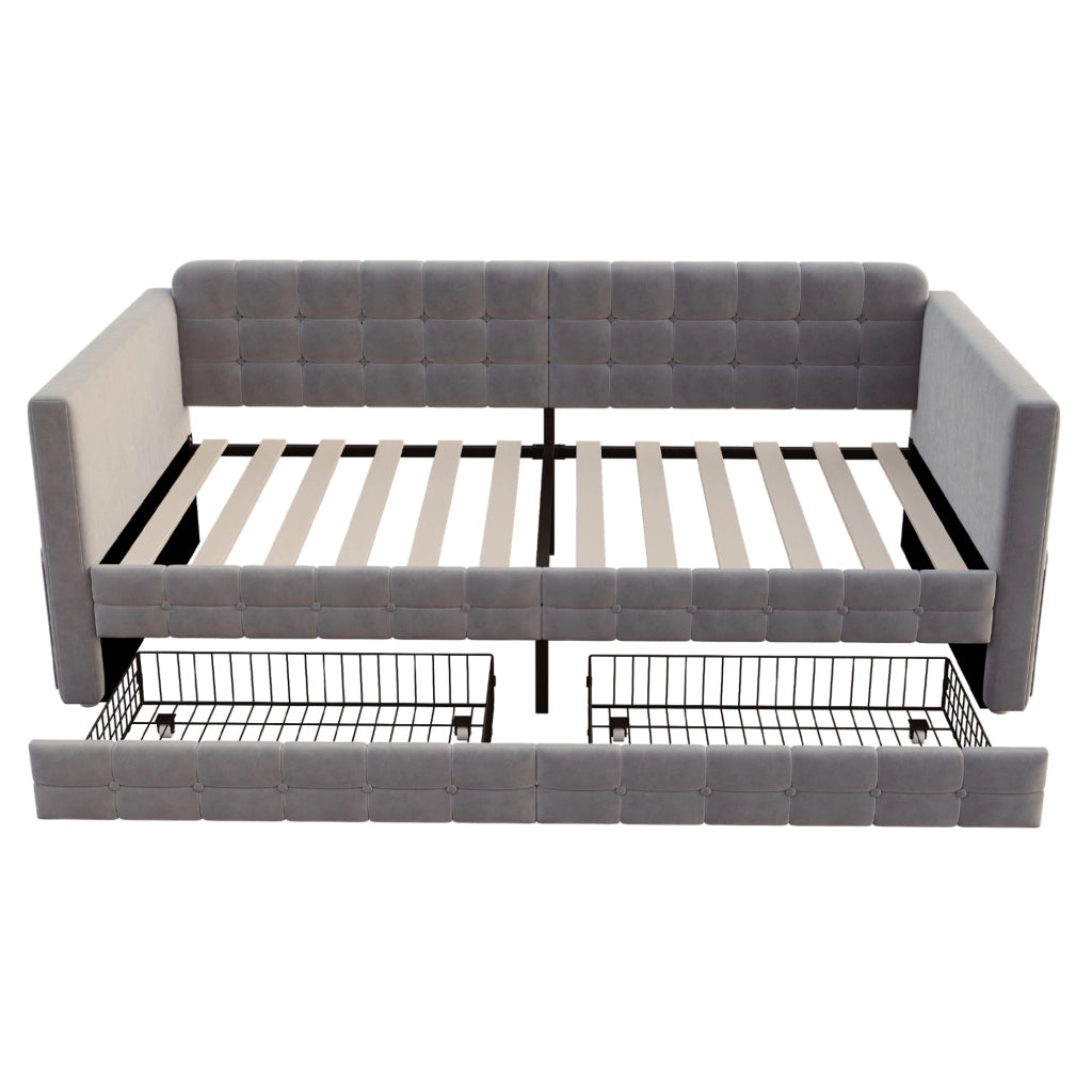 Letto imbottito 90x190 cm con testiera capitonn茅; tasche laterali e 2 cassetti; velluto grigio