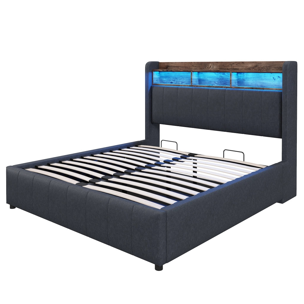 Letto matrimoniale imbottito 140x200 cm con LED, USB e vano contenitore idraulico, grigio