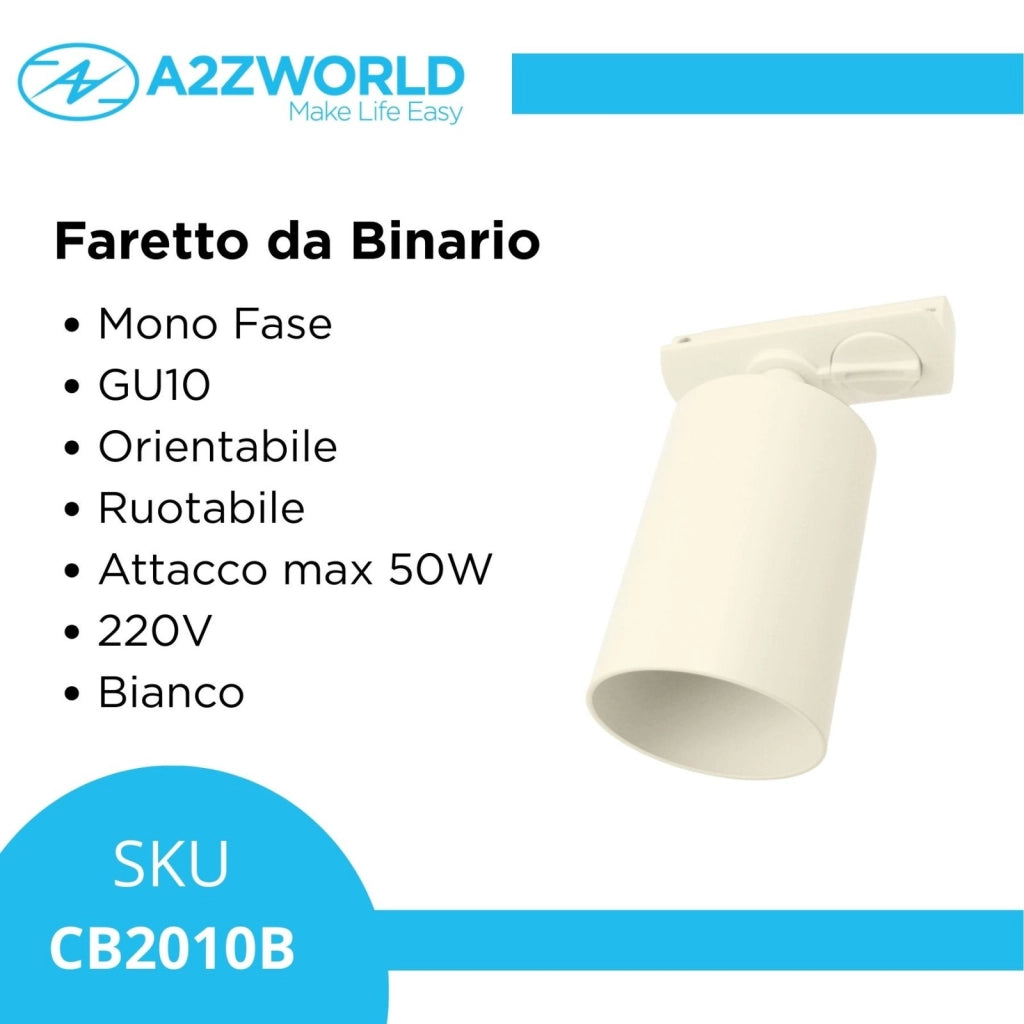 Porta Faretto da Binario Mono Fase, Attacco GU10 orientabile e ruotabile, Max 50W 220V, Bianco