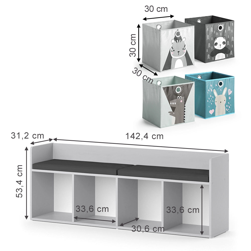 Vicco Scaffale per bambini Bianco 107.2 x 88.6 cm 4 scomparti, con cassette pieghevoli grigie
