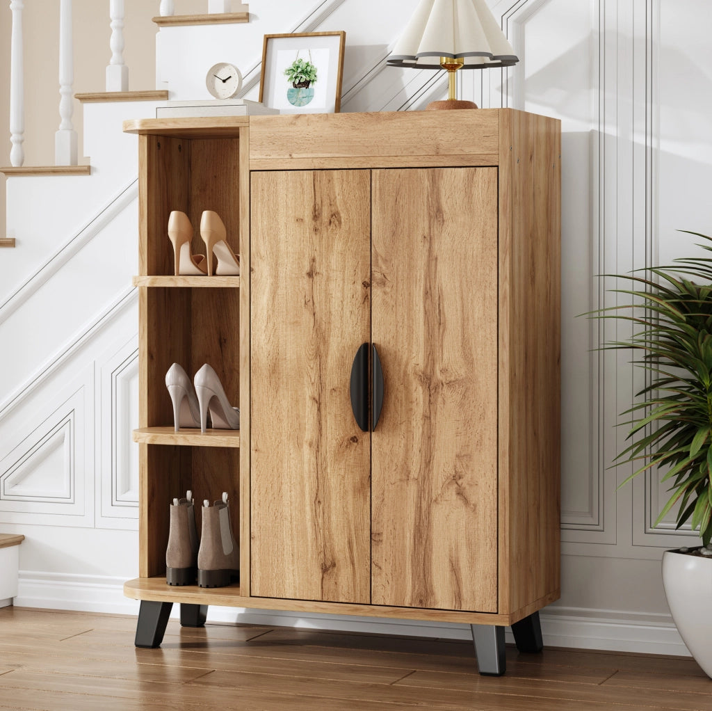 Scarpiera stretta con ante a ribalta e vani aperti; 80x32x99 cm; effetto legno naturale