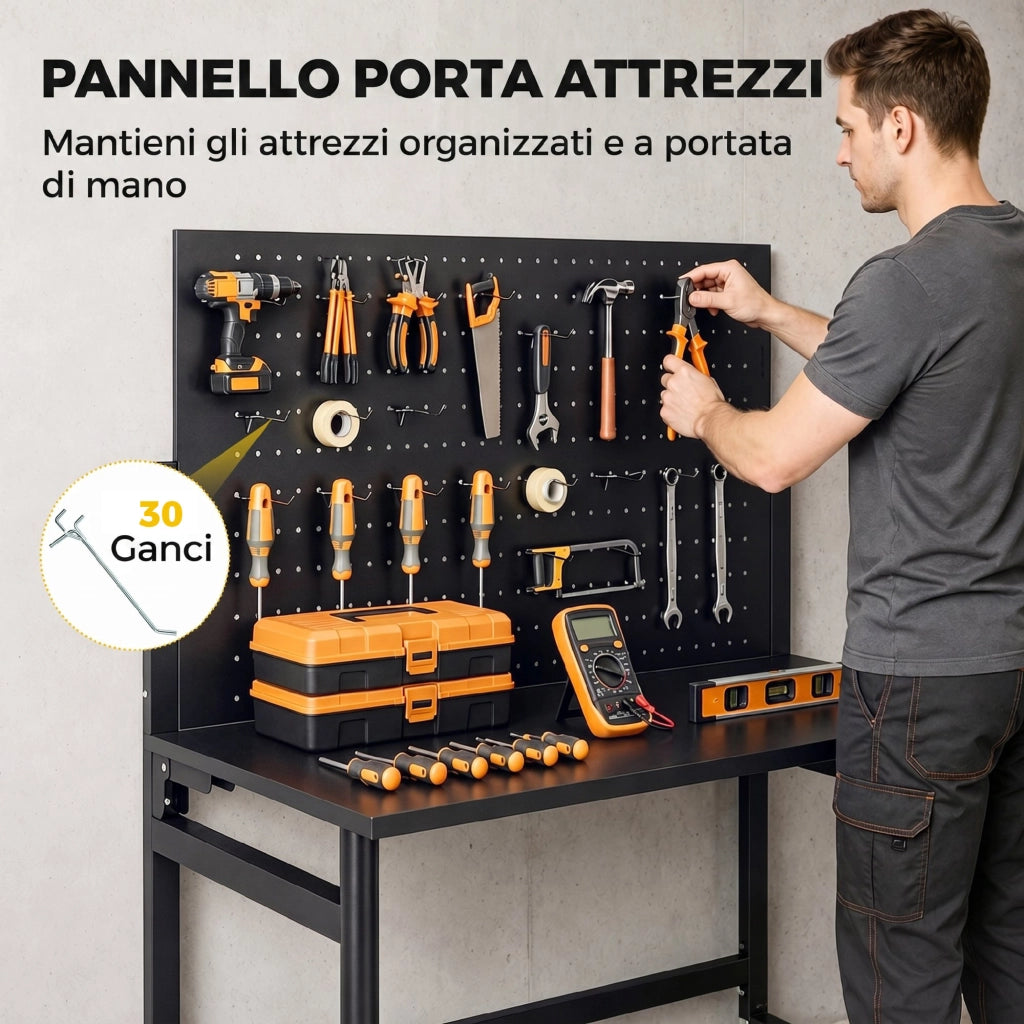 Banco da Lavoro Pieghevole Portatile con Pannello Perforato. Piano Spesso in Legno. Struttura in Acciaio. Nero