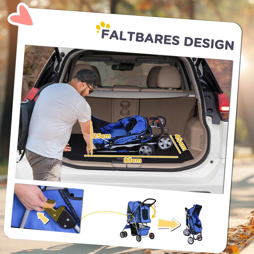 Carrello pieghevole per animali a 2 ripiegamenti con accesso a zip, cestello e 2 portabicchieri in poliestere blu