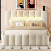 OKWISH Letto con Cassetti 140×200 cm, Letto Matrimoniale con 4 Cassetti, USB, LED Regolabile e Altoparlanti, senza Materasso, Velluto Beige