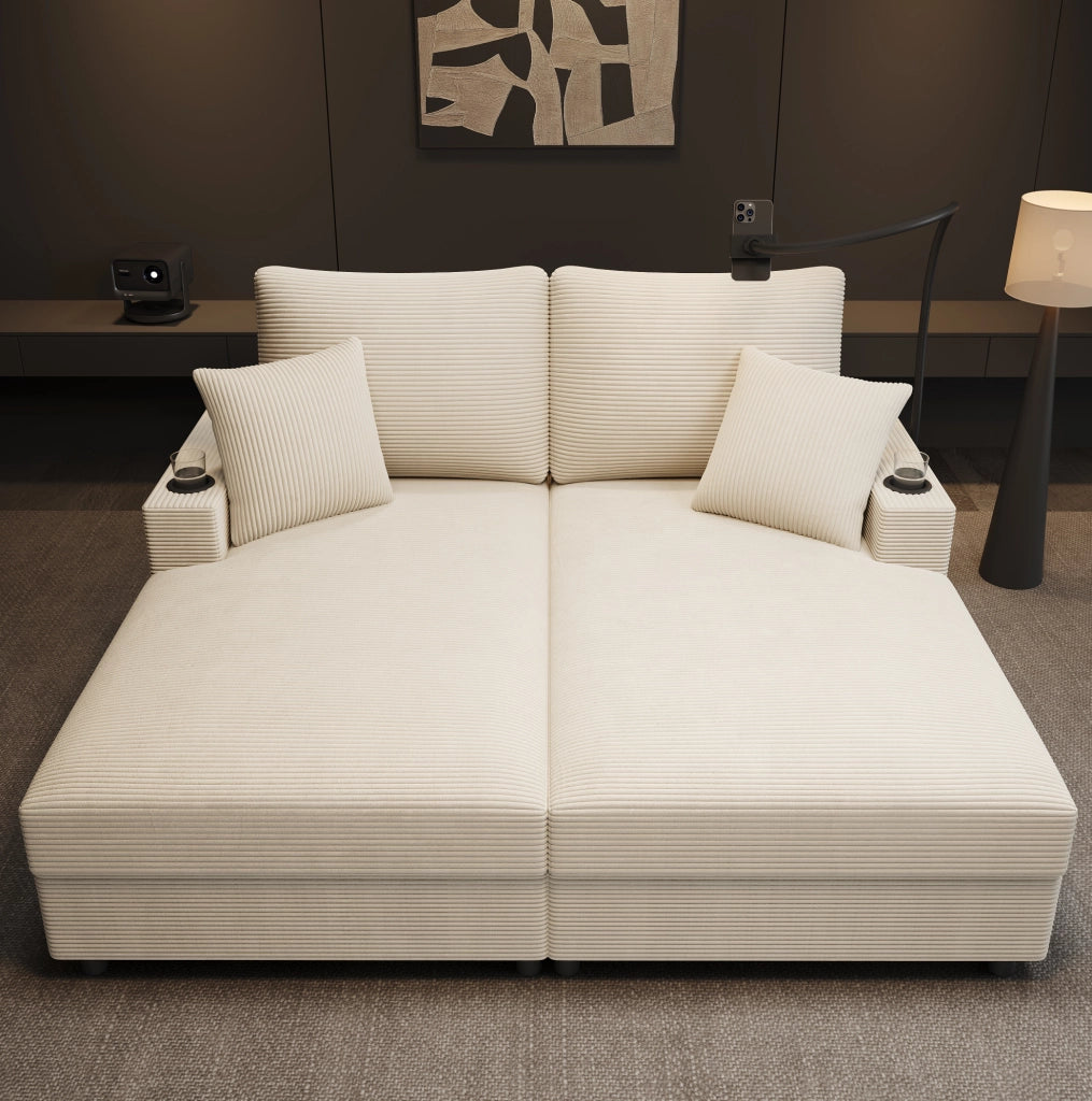 Divano letto 2 posti 163x140x82 cm in tessuto beige con USB e portabicchieri