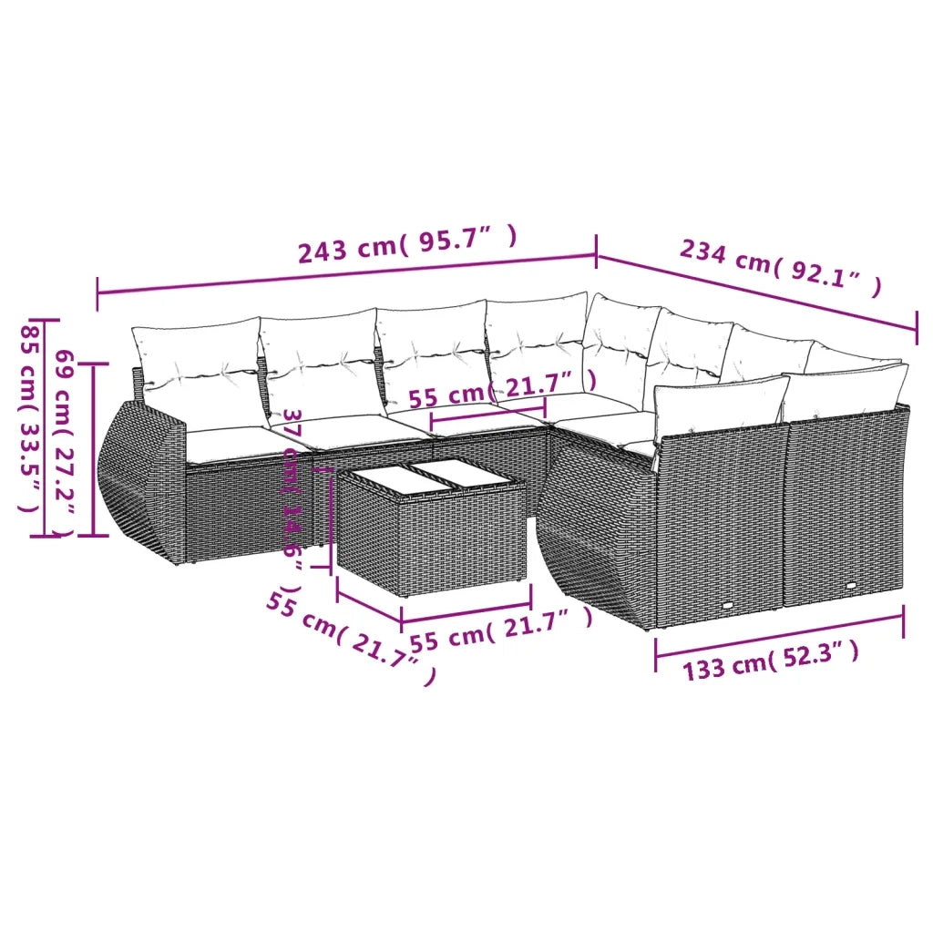 Set Divano da Giardino 9pz con Cuscini Grigio Chiaro Polyrattan