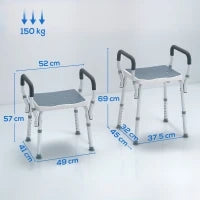 Sgabello per Doccia Regolabile con Braccioli e Fori di Drenaggio, in Alluminio, HDPE e EVA, 52x45x57-69 cm