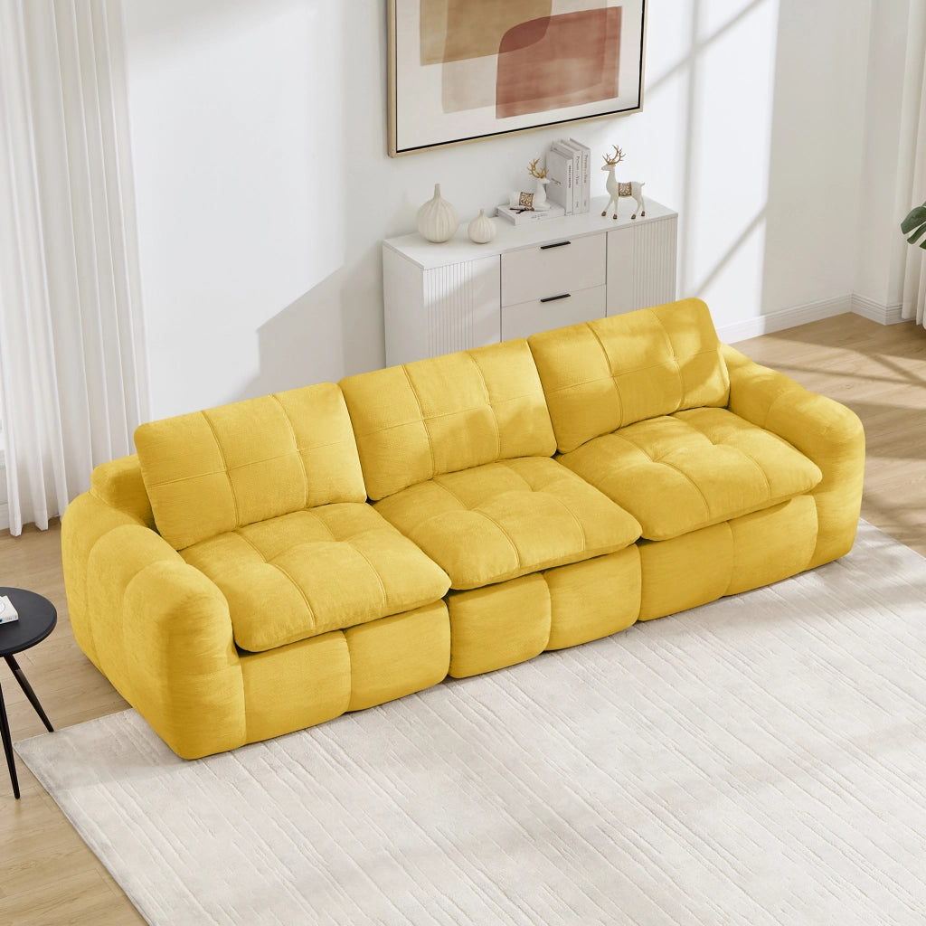 Divano modulare a 3 posti senza cornice con design trapuntato e cuscini ergonomici per soggiorno in ciniglia gialla