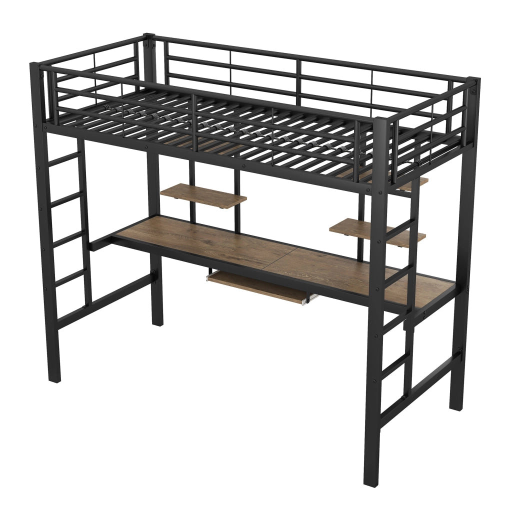 Letto a soppalco in metallo con scrivania e libreria, 90x200 cm, nero