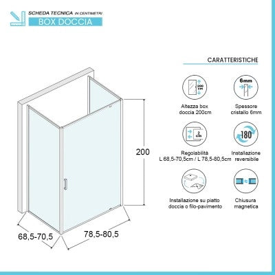 Box doccia 70x80x70 cm con porta a battente trasparente H 200 cm Ted