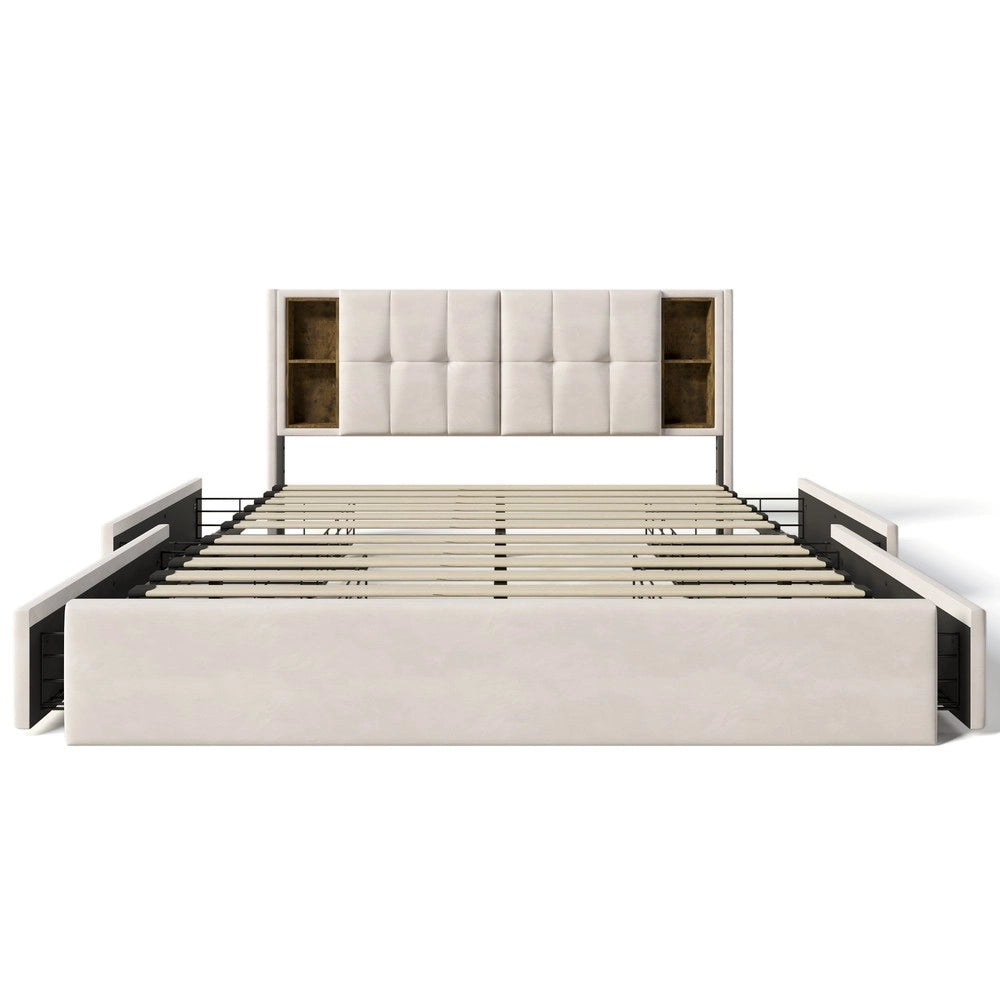 Letto Matrimoniale Imbottito con Materasso ¨C MINIMAL ¨C 160x200 Velluto Beige, 4 Cassetti, Rete a Doghe