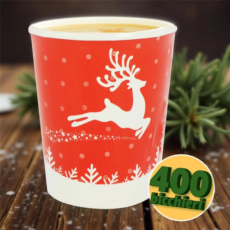 BICCHIERI DI CARTA DI NATALE ROSSO CON RENNA 400PZ 200CC
