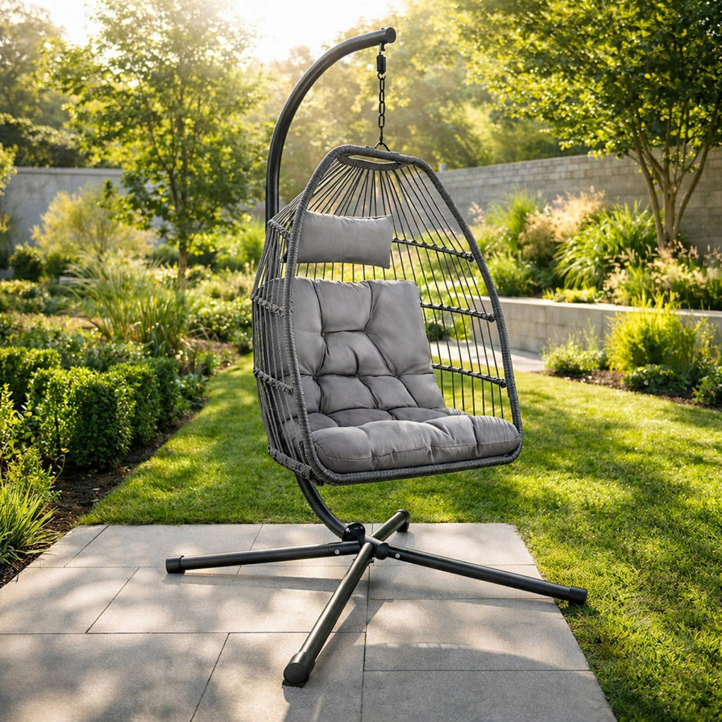 Poltrona Da Giardino Sospesa In Metallo E Rattan Con Cuscino Incluso Sedia A Dondolo Ideale Per Balcone E Terrazzo Arredo Da Esterno Design Moderno 107 x 98 x 202 Cm Grigio