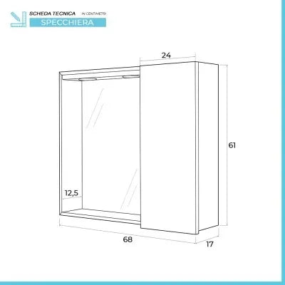 Specchio contenitore 68x61 cm rovere chiaro con pensile e LED Way
