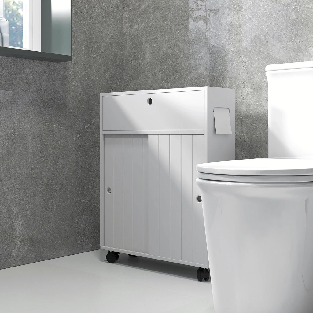 Mobile Bagno Stretto con Ante Scorrevoli, Ripiani Regolabili e Ruote ¨C Zephmum ¨C Bianco