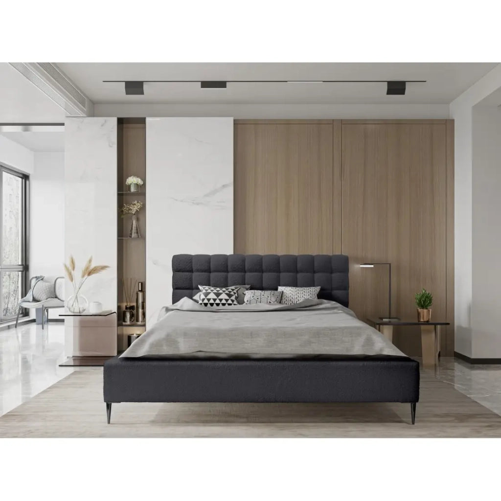 Letto MILLIO – Nero – 160x200 cm – Tessuto bouclé in ciniglia – Rete inclusa – Comfort di un hotel 5 stelle