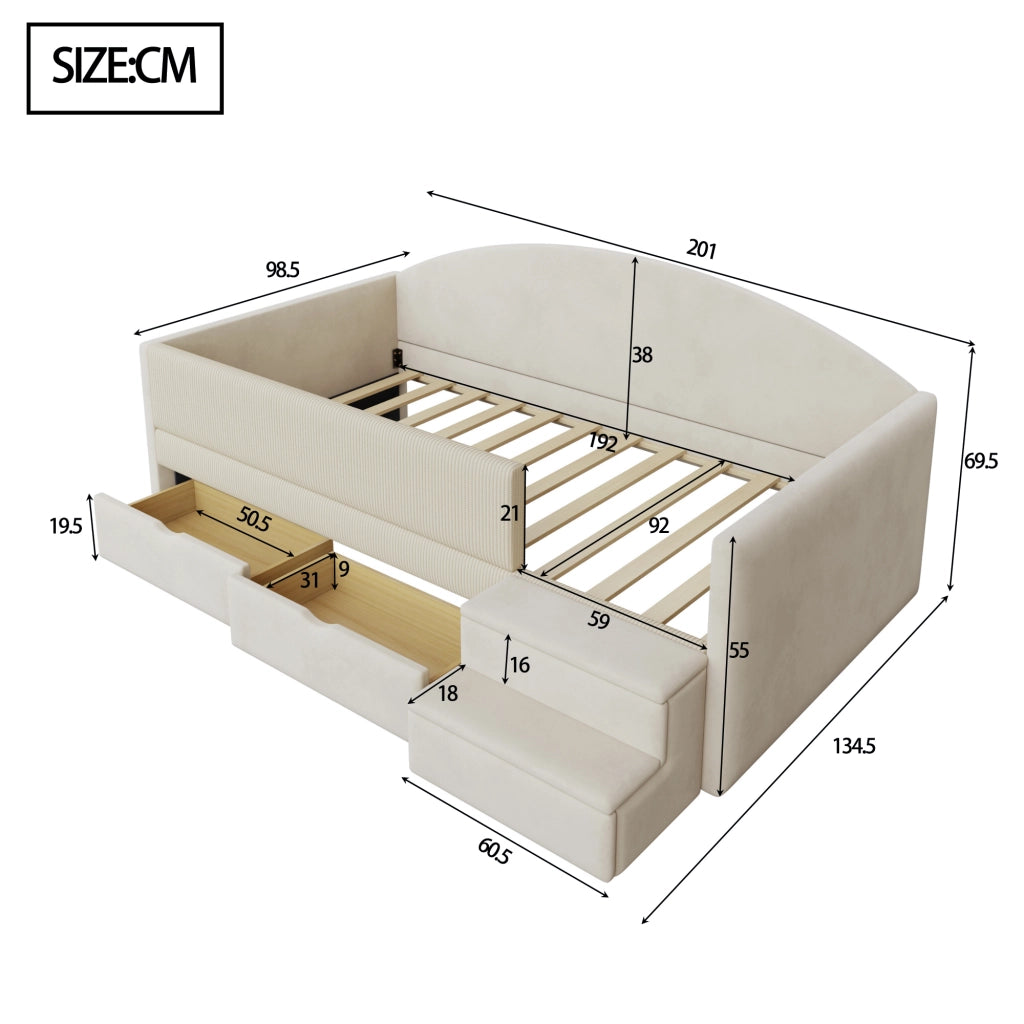 Letto per bambini 90 × 190 cm con 2 cassetti, sponde di sicurezza et scalini, senza materasso, beige