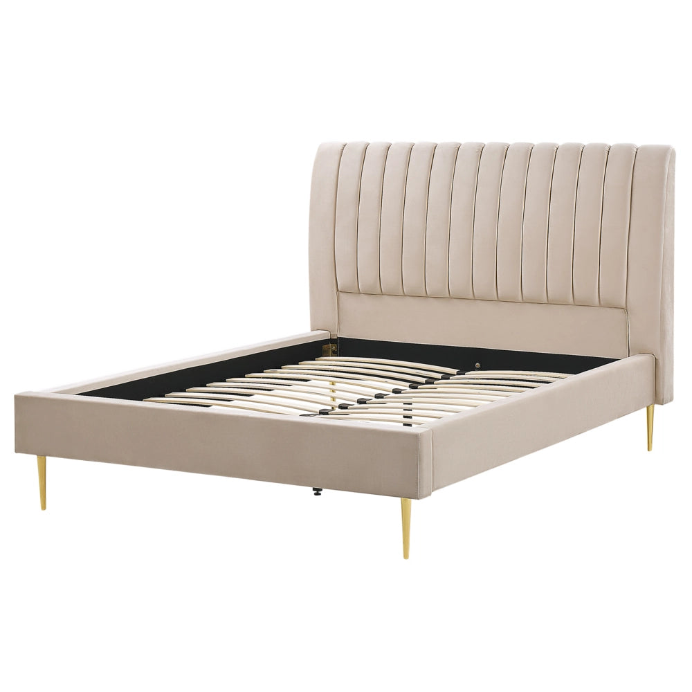 Letto imbottito velluto beige sabbia e oro rete a doghe testiera alta 140 x 200 cm testata alta design retrò