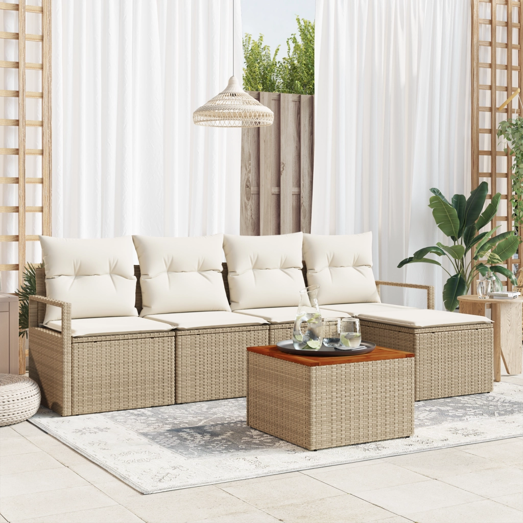 Set Divano Giardino 6 Pezzi con Cuscini Beige Polyrattan Acacia
