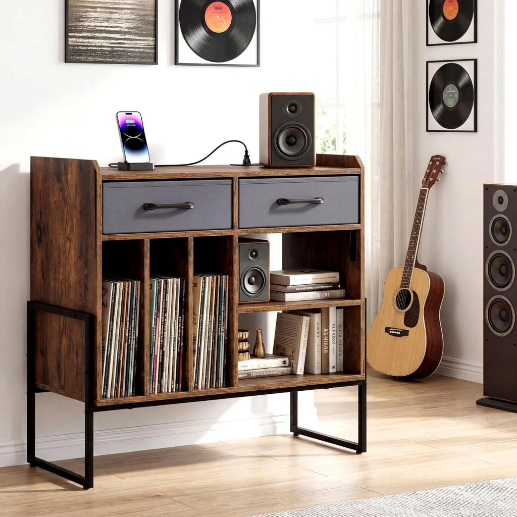 Supporto per Giradischi in Vinile, Mobile per Giradischi con Stazione di Ricarica, 2 Cassetti Rimovibili in Tessuto e Ripiano Regolabile, Supporto Porta Dischi Vinile per Soggiorno, Studio