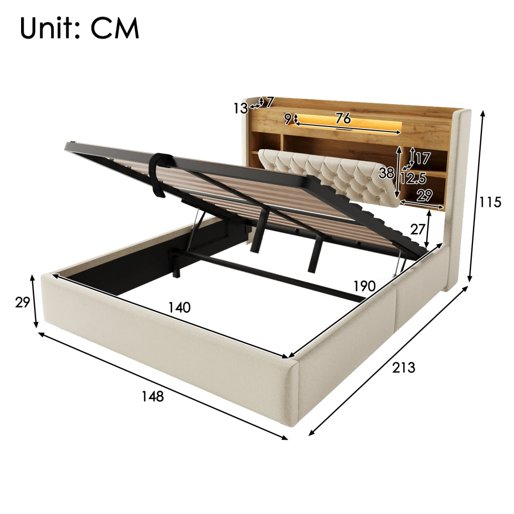 Letto Imbottito Contenitore con LED ¨C MINIMAL ¨C Tessuto Beige 140x190 Idraulico USB