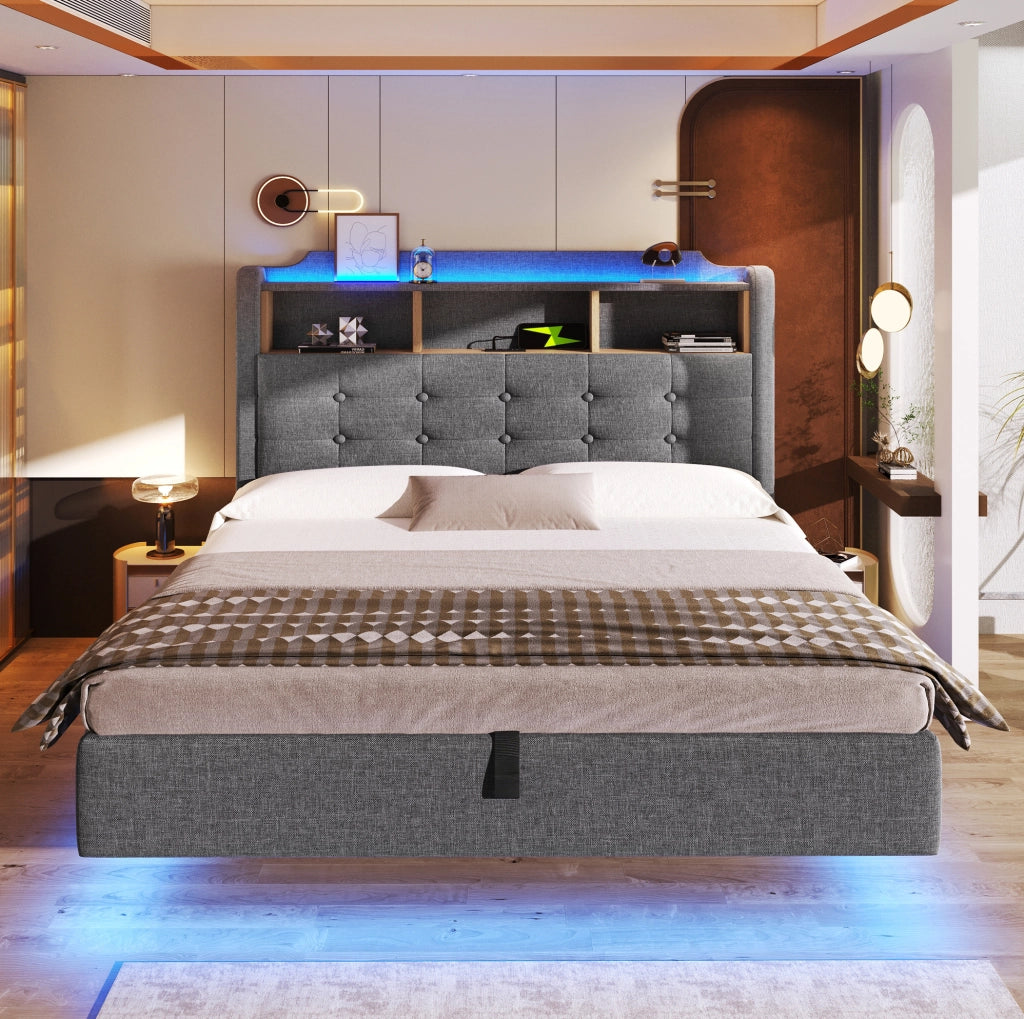 Letto imbottito 140x200 cm con LED e contenitore idraulico