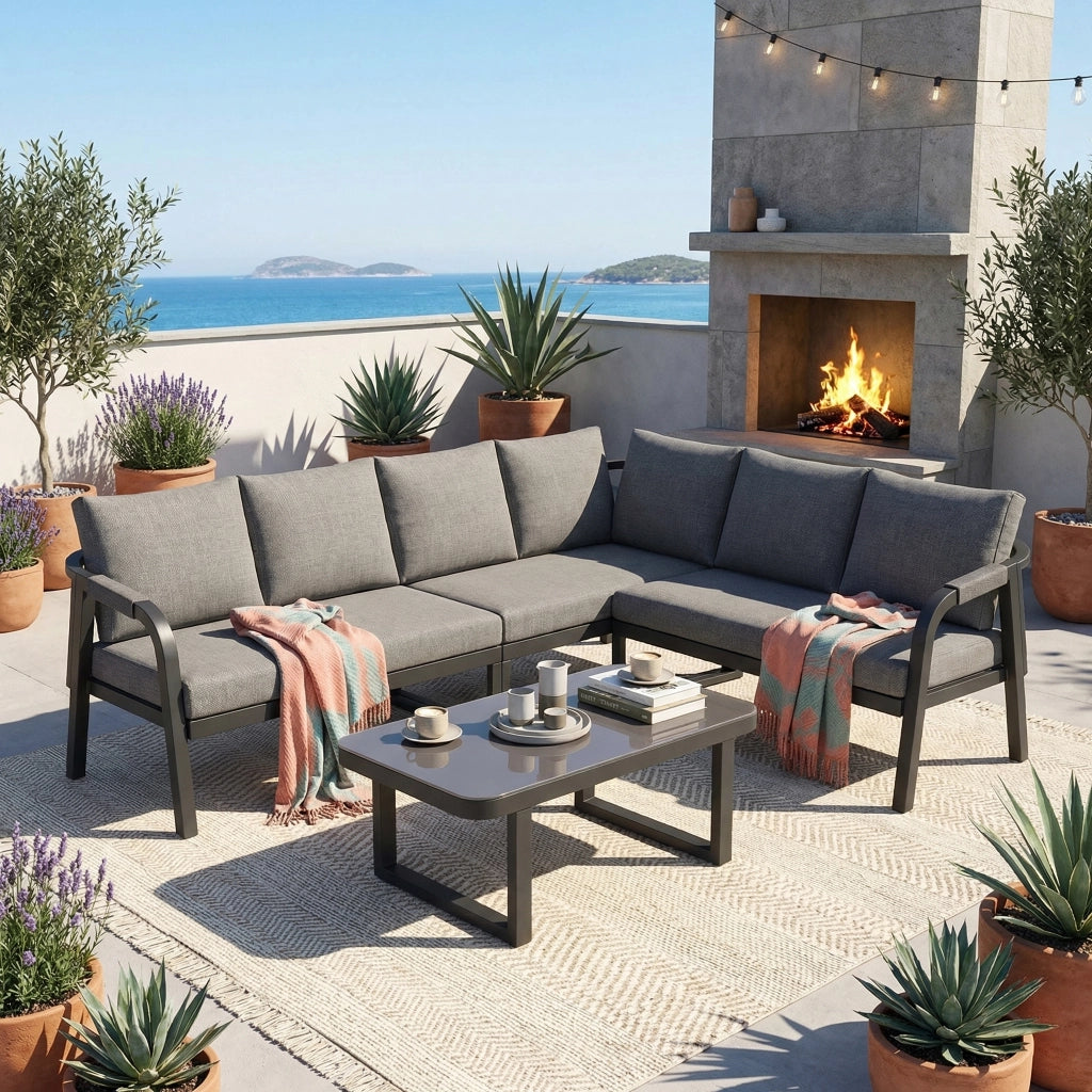 Set Divano Angolare da Giardino con Tavolino ¨C Xylo ¨C Polyrattan Grigio, 6 Posti