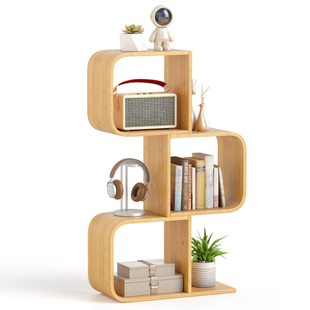 Libreria a 3 livelli a forma di S mensola in bamb¨´ con 3 cubi aperti-Scaffale geometrico angolare per esposizione Naturale