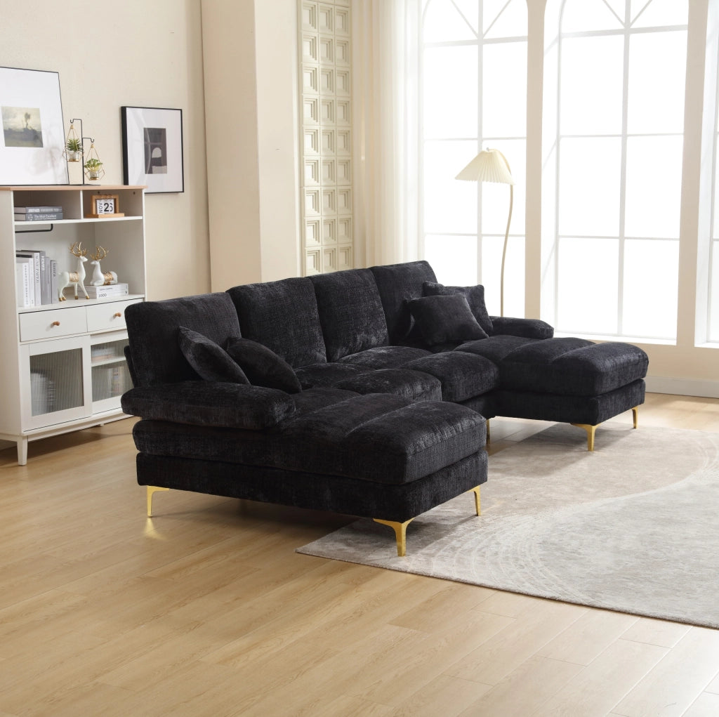 Divano a U in ciniglia nero con doppia chaise longue