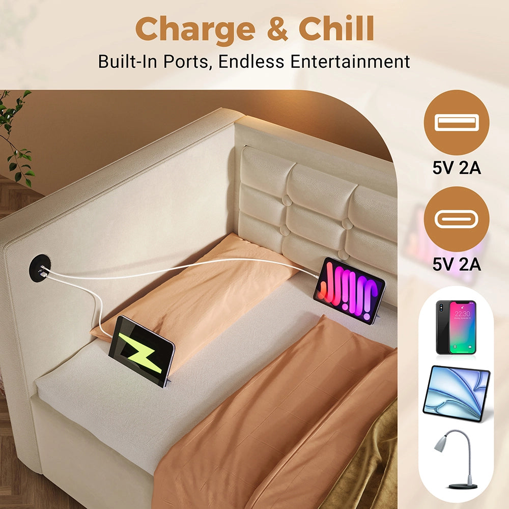 Divano letto-Xylo-90x200 cm-idraulico, USB-C, doghe legno, velluto, beige