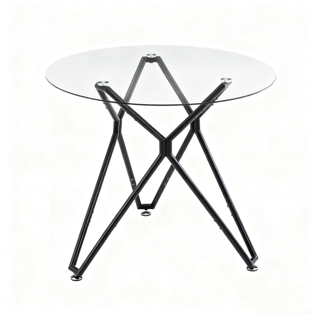 Tavolo da pranzo rotondo in vetro temperato con gambe in metallo per sala da pranzo e soggiorno nero 90 cm