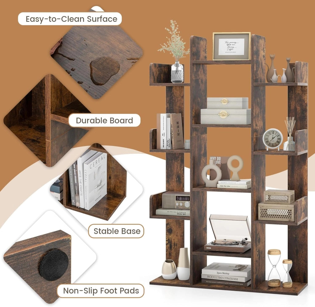 Libreria in legno con 13 ripiani aperti, libreria a forma di albero con kit antiribaltamento, 86 x 24,5 x 141 cm, mobile organizer per soggiorno, studio, ufficio (marrone)