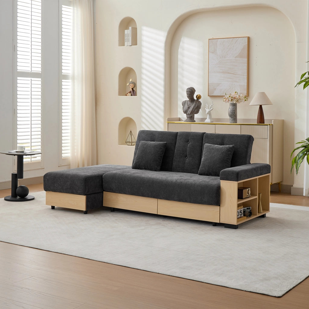 Divano in Chenille grigio con contenitore, schienale reclinabile 3 posizioni, 2 cassetti, portabicchieri e struttura in MDF, 217 cm.