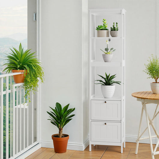 Armadio alto stretto 40x30x160 cm - Xylo - 2 cassetti, 3 ripiani, per bagno o lavanderia, bianco