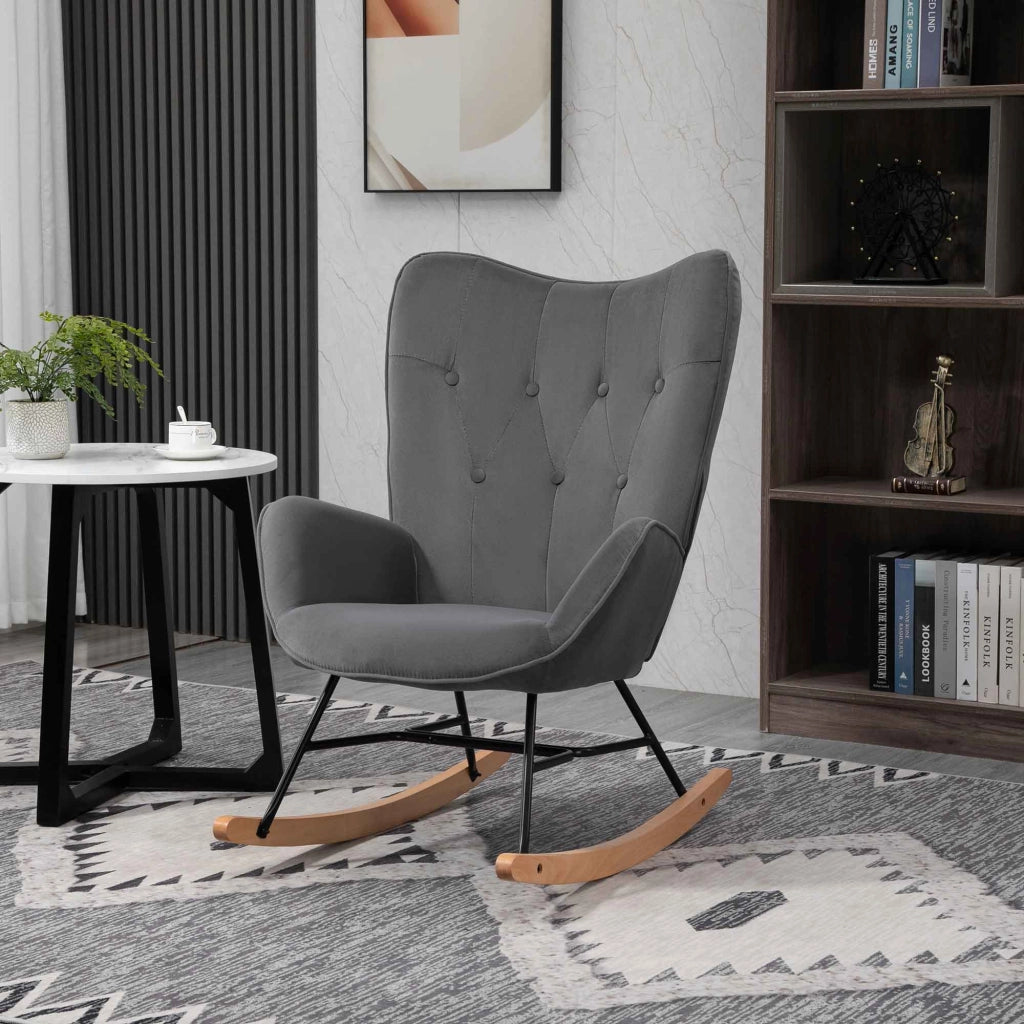 Poltrona a Dondolo con Steppatura e Gambe in Legno ¨C zephmum ¨C Velluto Grigio Scuro
