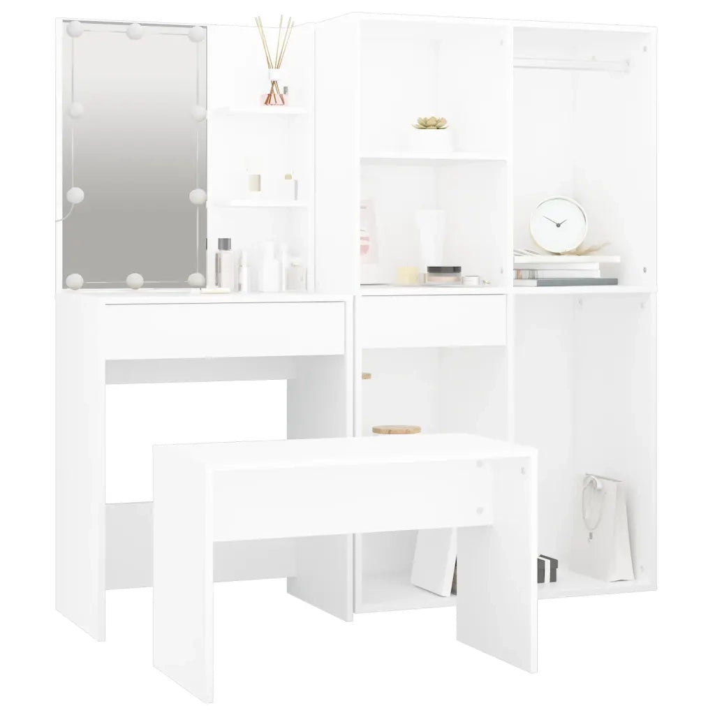 Set Tavolo da Toeletta | Tavolo da Trucco Bianco con LED in Legno Multistrato