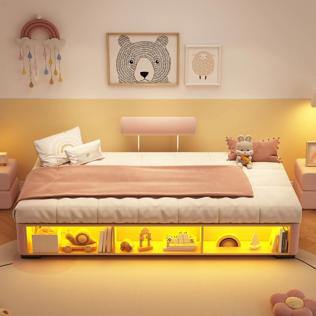Letto per Bambini 90x200 cm - LED; Mensole e Testiera Montabile - Velluto - Rosa