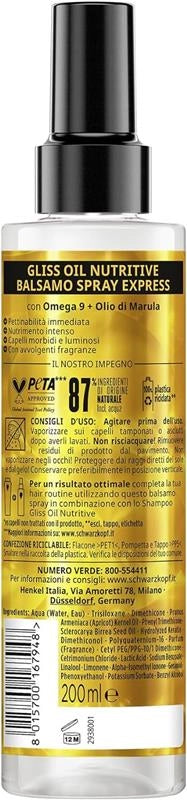 SCHWARZKOPF GLISS OIL NUTRITIVE BALSAMO SPRAY 200 ML CON OMEGA 9 E OLIO DI MARULA SENZA RISCIACQUO E TERMOPROTETTORE