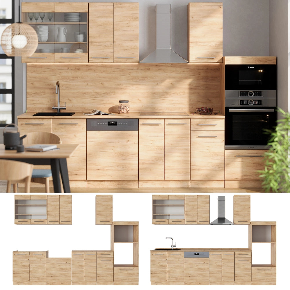 Cucina componibile Fame-Line Rovere dorato/Rovere dorato 300 cm con armadio alto, PL Antracite Vicco