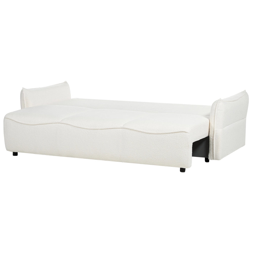Divano letto in tessuto bouclé bianco convertibile con cuscini aggiuntivi rimovibili, con rivestimento in stile moderno e minimalista.