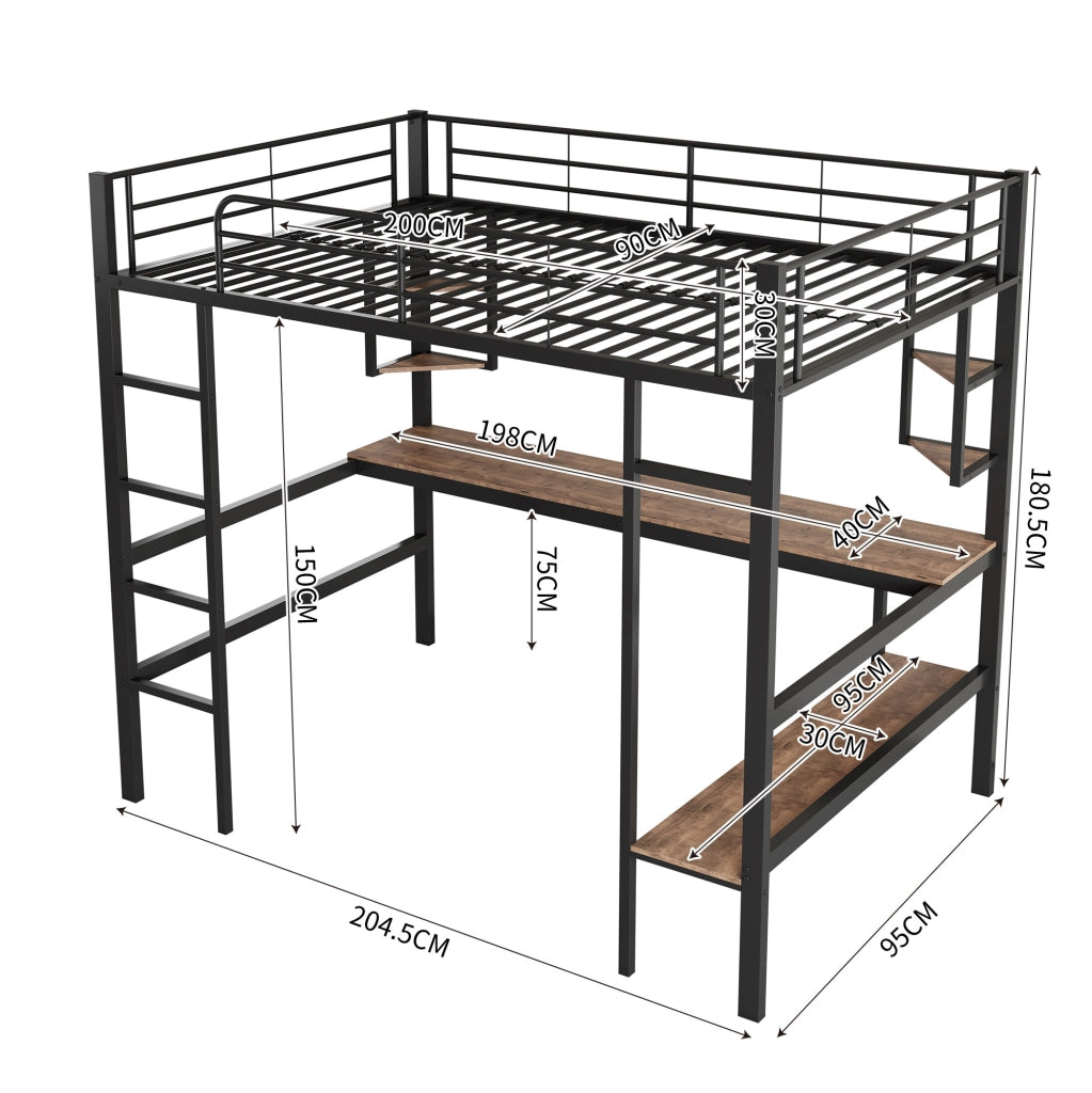 Letto a soppalco 90x200 cm con scrivania; libreria e ripiani; in metallo nero