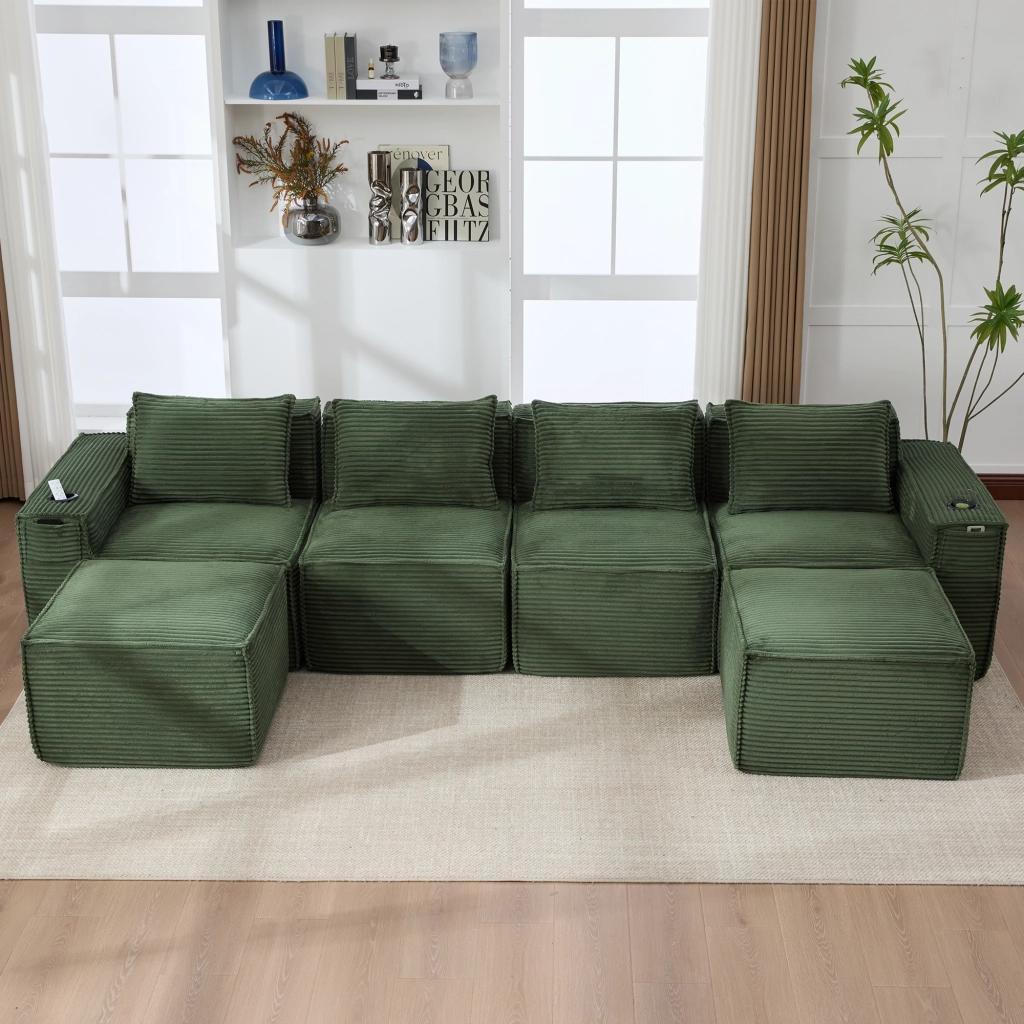 Divano modulare 4 posti con portabicchieri e tasche laterali in tessuto a coste verde 330 × 162 × 75 cm
