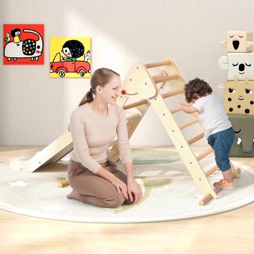Triangolo di arrampicata pieghevole con rampetta scivolosa, Giocattolo montessori in legno triangolare per bambini  Naturale-Arrampicate e scivoli