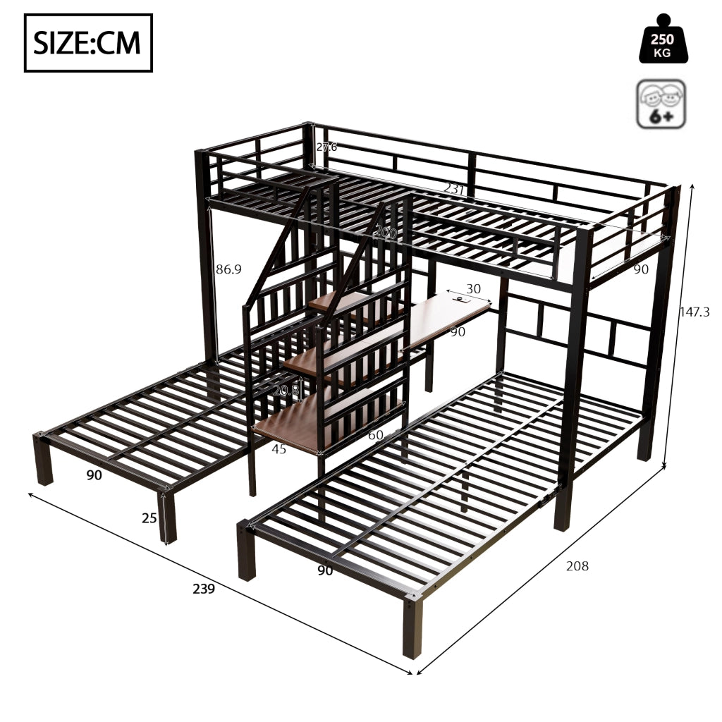 LETTO a castello 90x200 cm in metallo nero con LED, scrivania e USB