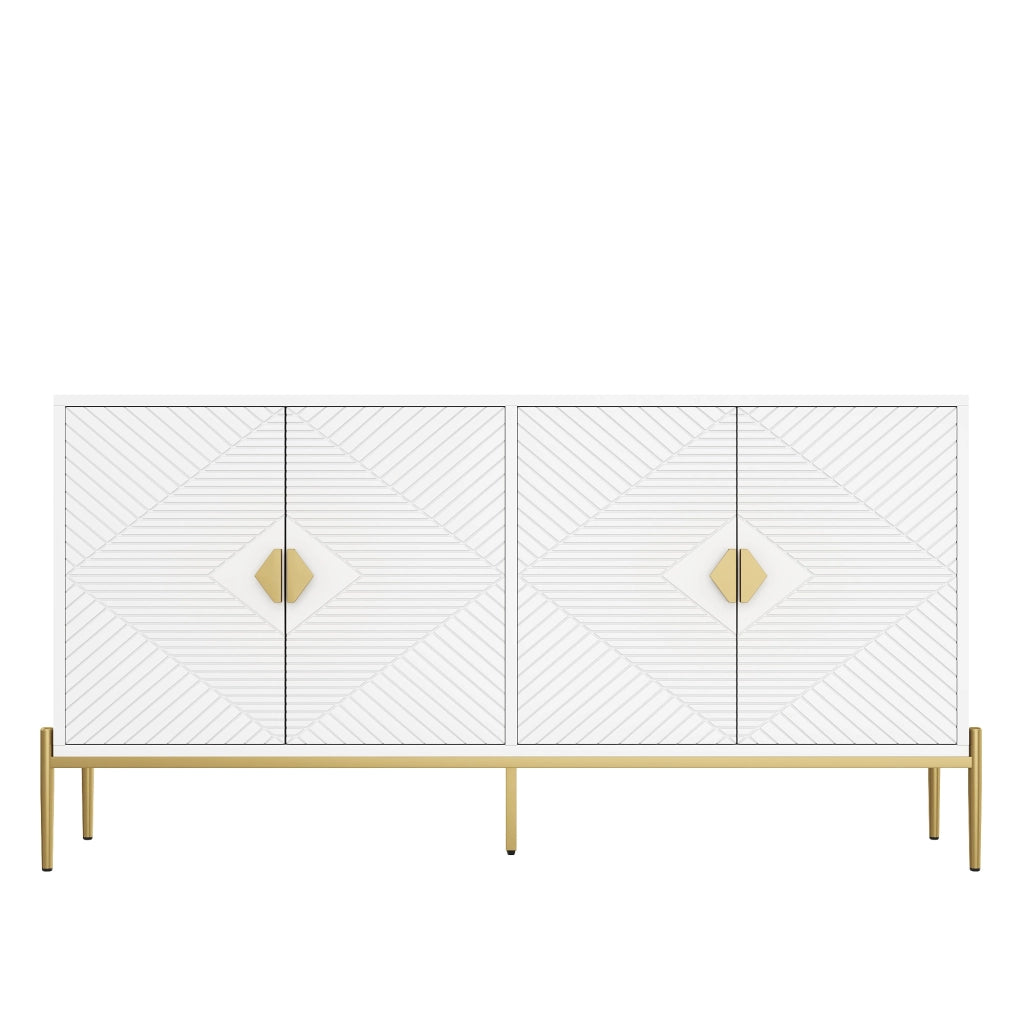 Credenza con 4 Ante; Motivo Geometrico 3D; Maniglie Dorate; Gambe in Metallo; Stile Moderno; 162??40??80 cm; Bianco