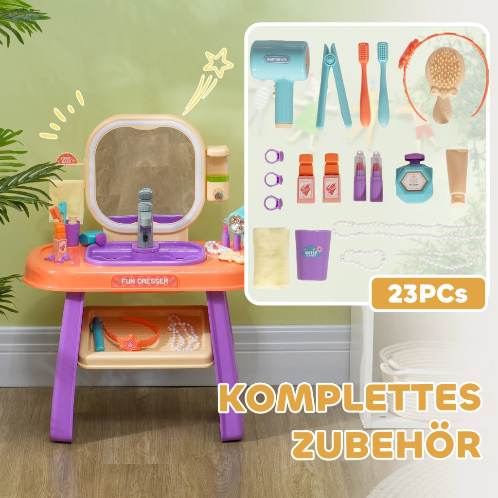 Tavolo trucco bambini con LED, specchio e rubinetto ¨C zephmum ¨C lilla 55x29x71