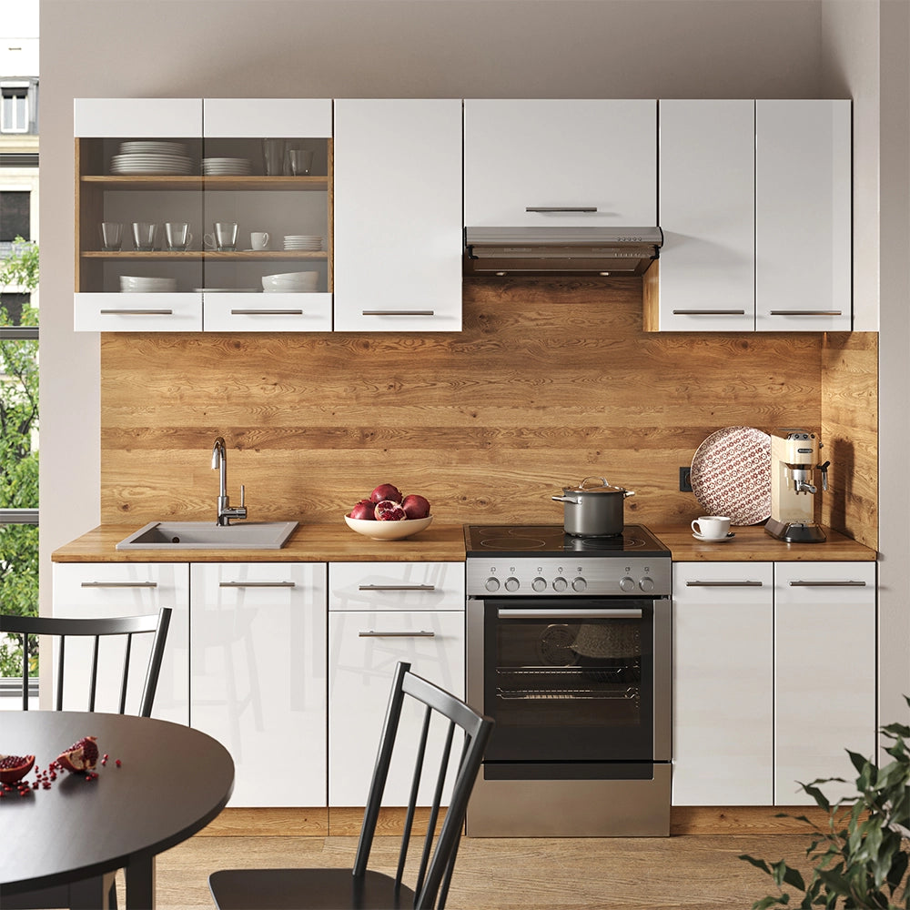 Cucina componibile Fame-Line Bianco lucido/Rovere dorato 240 cm, PL Marmo Vicco