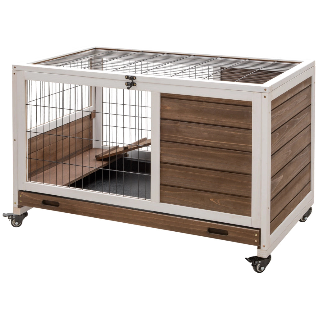 Conigliera in Legno con 4 Ruote, Casetta per Conigli e Rampa, 90x53x59cm, Marrone